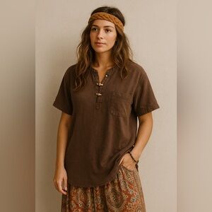 Vintage Natural Fiber Tunic Top with Wooden Toggle Buttons